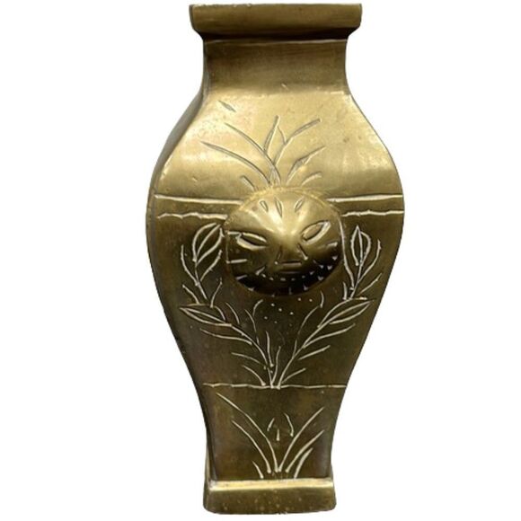 Antique Chinese 6” Brass Vase Etched Birds & Flowers Raised Heads on 2 Sides - Picture 2 of 9